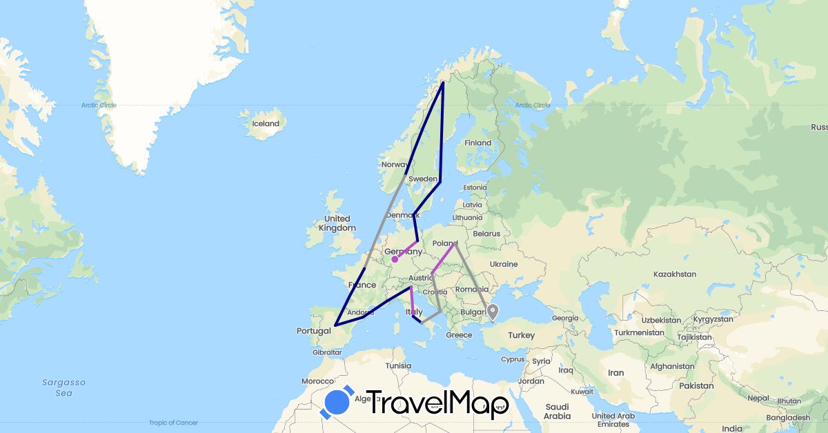 TravelMap itinerary: driving, plane, train in Austria, Germany, Denmark, Spain, France, Croatia, Italy, Norway, Poland, Sweden, Turkey (Asia, Europe)